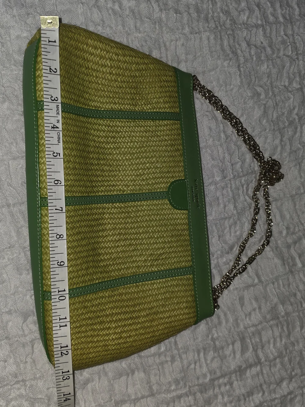 Kate Spade New York Woven Straw Shoulder Bag with Green Leather Trim